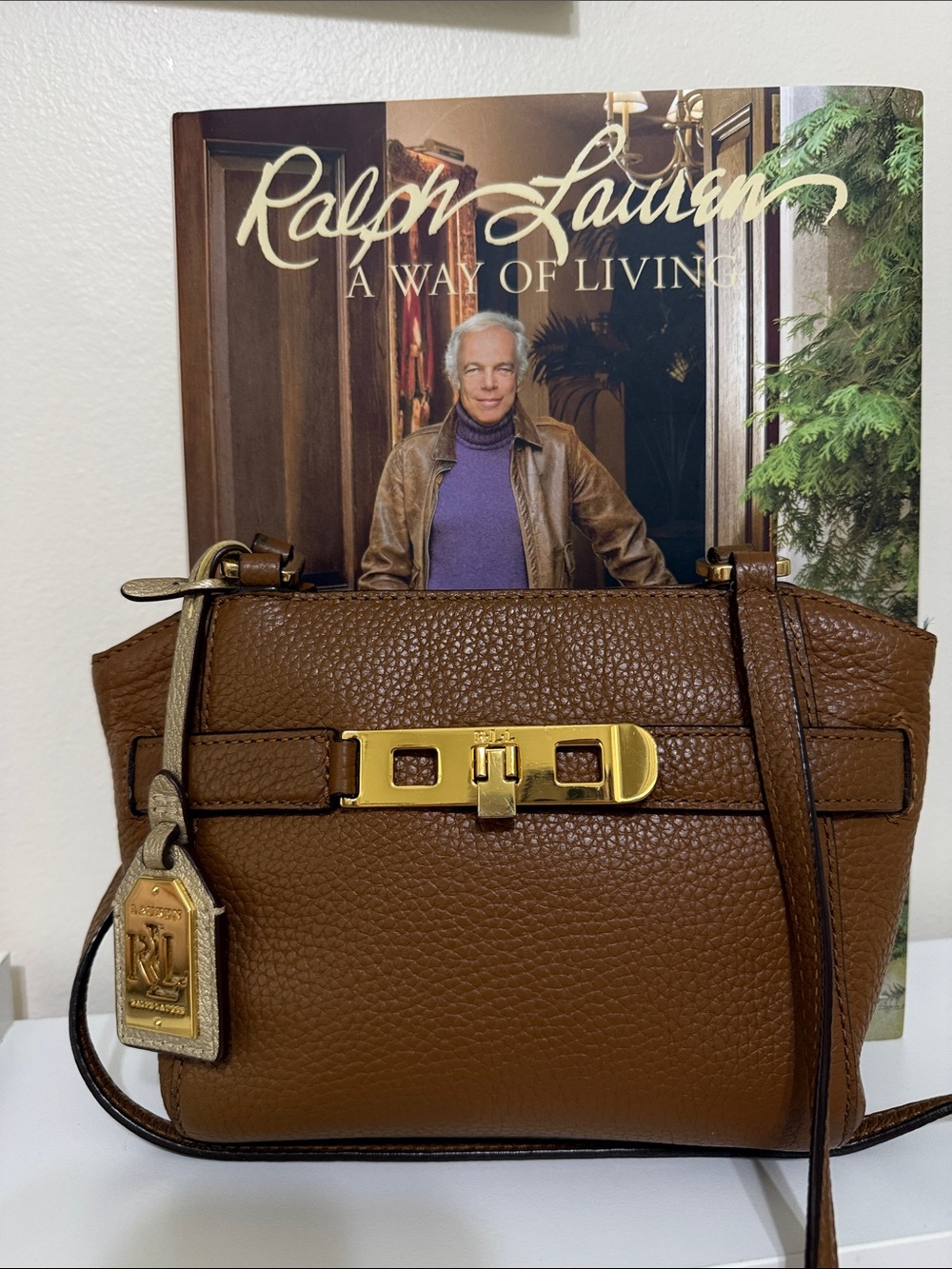 Ralph Lauren Caramel Brown Pebbled Leather Crossbody with Gold Hardware